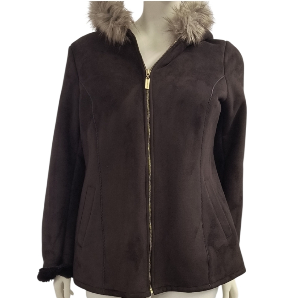 Ellen Tracy Brown Faux Suede & Fur Lined Hood Coat